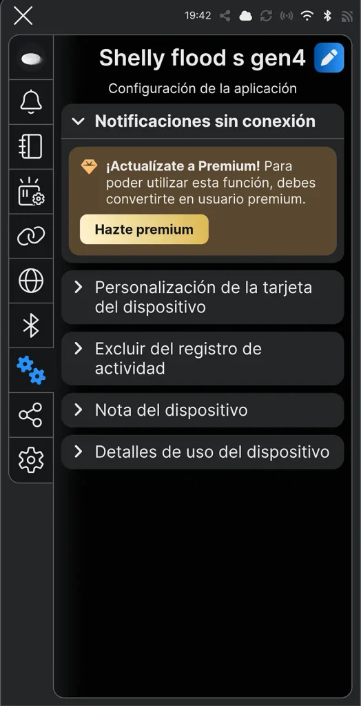 Opción de notificaciones sin conexión del Shelly Flood S Gen4 bloqueada tras una suscripción Premium en la app