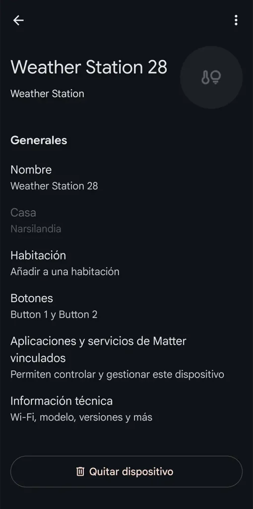 Ficha del SwitchBot E-Ink Home Dashboard en la app de Google Home mostrando los dos botones personalizables vinculados por Matter