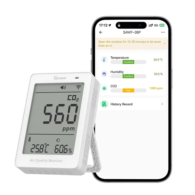 Medidor de CO2 SONOFF AirGuard CO2 con pantalla que muestra el nivel de CO2, la temperatura y la humedad