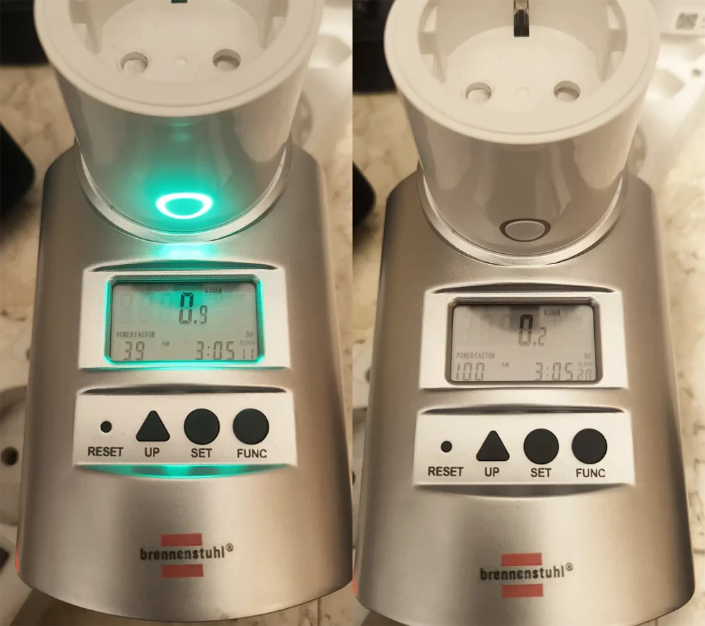 Consumo en reposo del Aqara Power Plug H2 EU medido con un Brennenstuhl PM 231 E: 0,9 W con el relé encendido y 0,2 W con el relé apagado