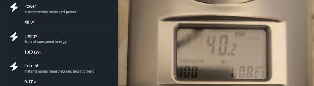 Comparativa de consumo con un ventilador: 40 W en el Aqara Power Plug H2 EU y 40,2 W en el medidor Brennenstuhl