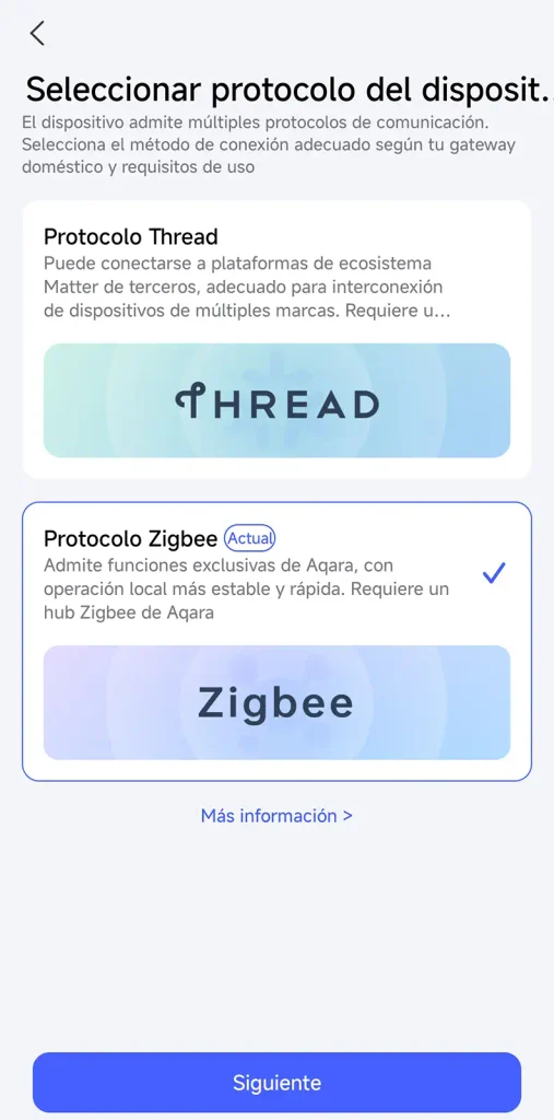Pantalla de la app Aqara Home para elegir entre protocolo Thread y Zigbee en el Aqara Power Plug H2 EU