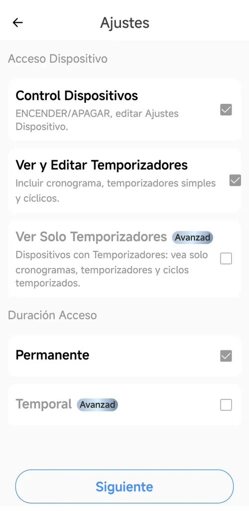 Pantalla para compartir el SONOFF AirGuard CO2 en la app eWeLink, donde el acceso de solo lectura y el acceso temporal aparecen marcados como funciones del plan Avanzado
