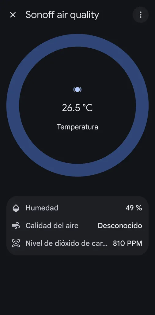 SONOFF AirGuard CO2 en Google Home añadido por Matter, mostrando 26,5 °C, 49 % de humedad y 810 ppm de CO₂, con la calidad del aire como desconocido