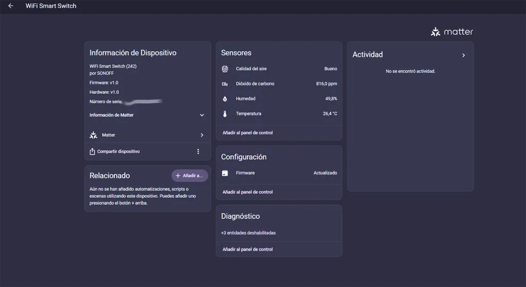 Ficha del SONOFF AirGuard CO2 en Home Assistant añadido por Matter, con los sensores de calidad del aire, dióxido de carbono, humedad y temperatura, y el dispositivo identificado como WiFi Smart Switch